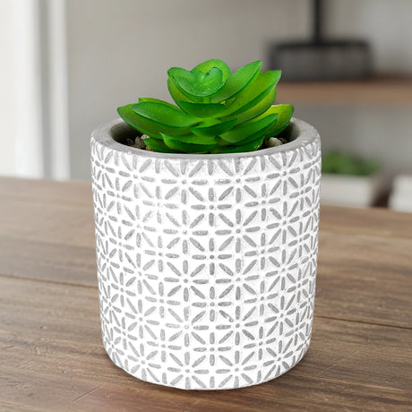 Maceta con Planta Artificial, Diseño con Patrón Flores, Color Gris