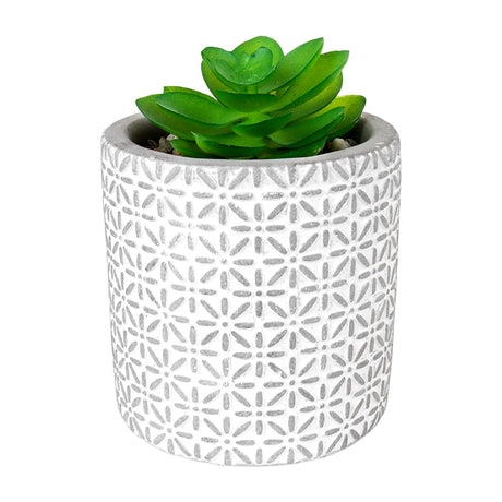 Maceta con Planta Artificial, Diseño con Patrón Flores, Color Gris