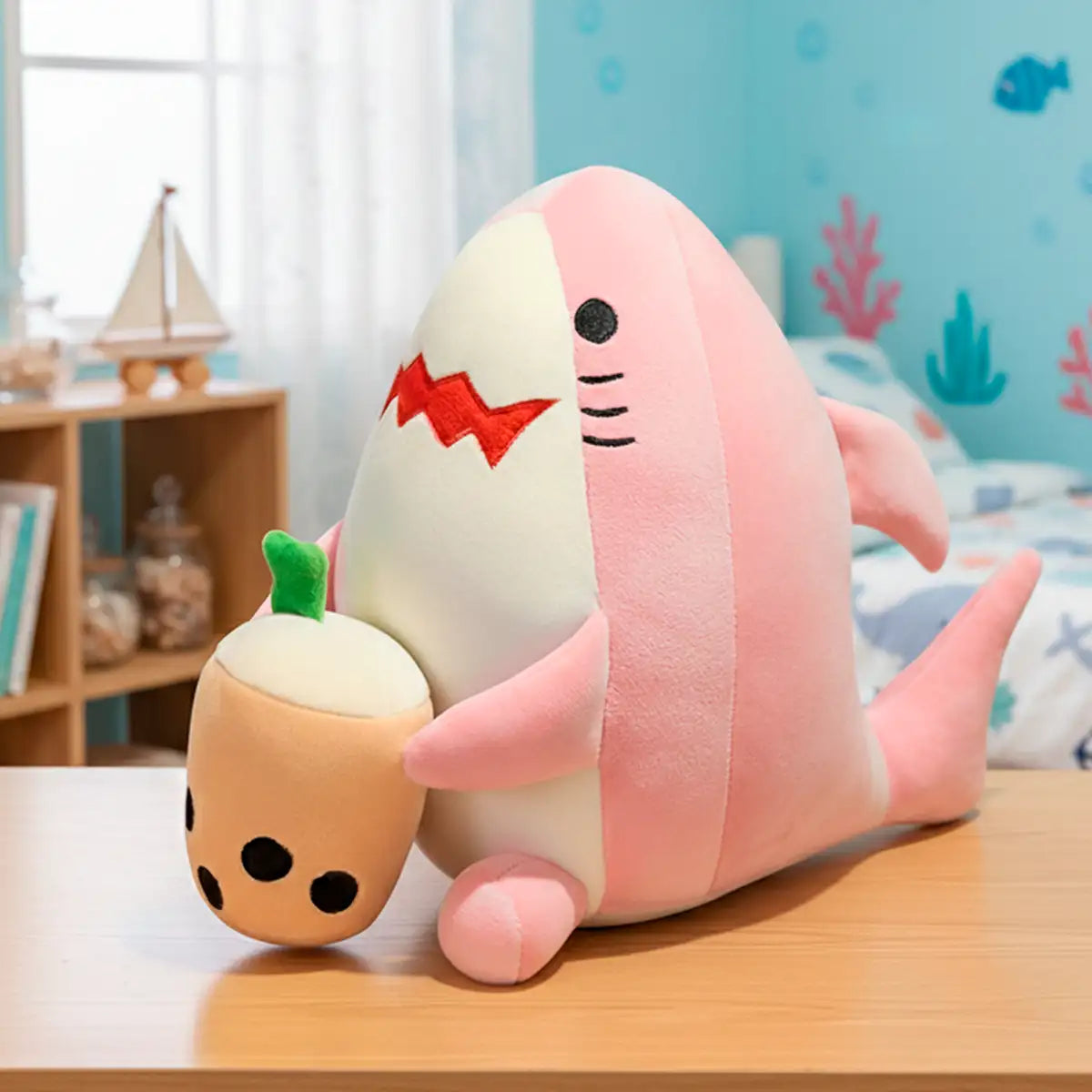 Peluche, Tiburón con Boba Tea, Color Rosa