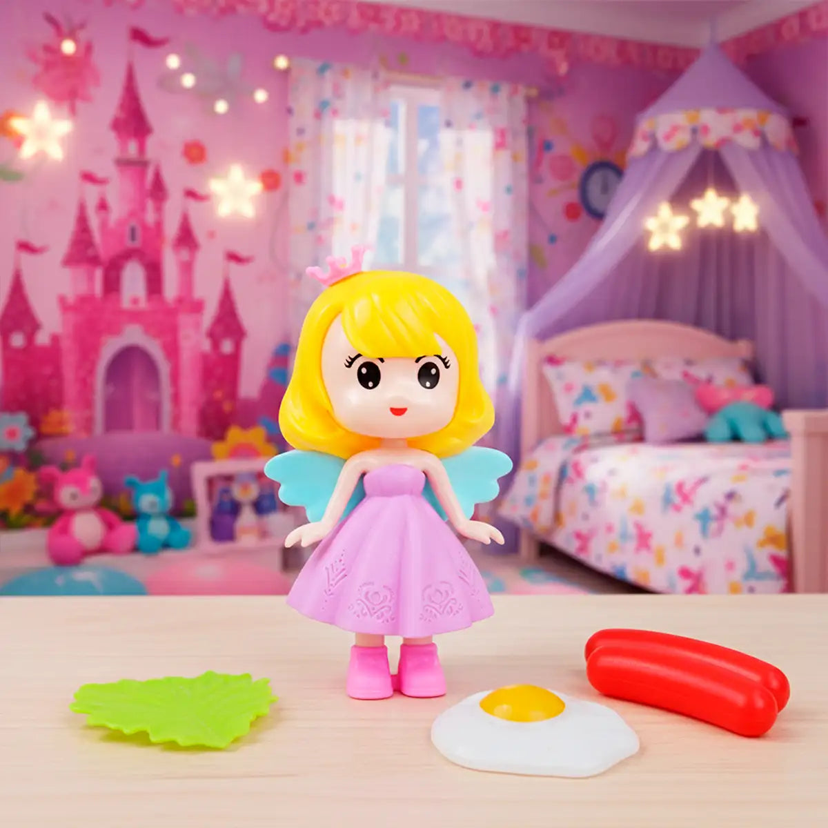 Set de Muñeca Hada con Accesorios, Huevo y Salchicha