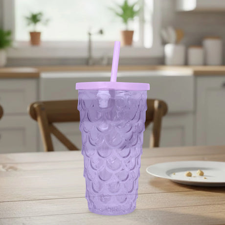 Vaso de Plástico con Tapa y Popote, Sirena, Color Morado