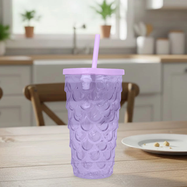 Vaso de Plástico con Tapa y Popote, Sirena, Color Morado
