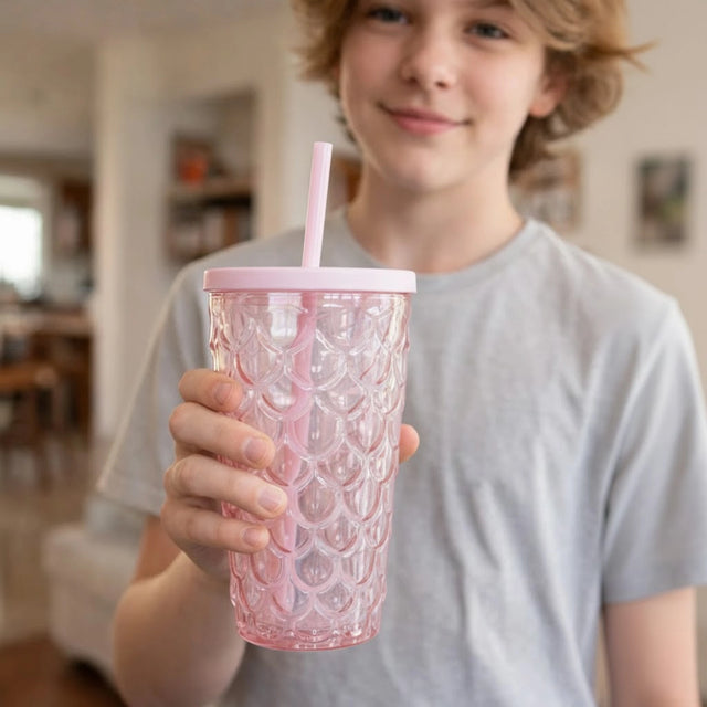 Vaso de Plástico con Tapa y Popote, Sirena, Color Rosa