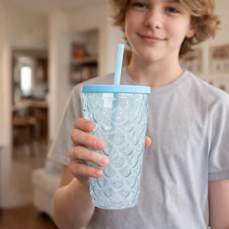 Vaso de Plástico con Tapa y Popote, Sirena, Color Azul