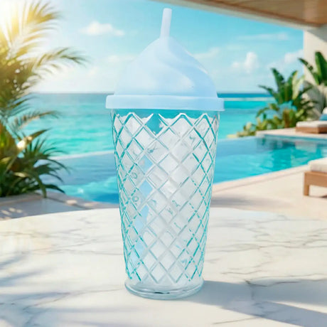 Vaso de Cristal con Tapa y Popote, Helado, Color Azul