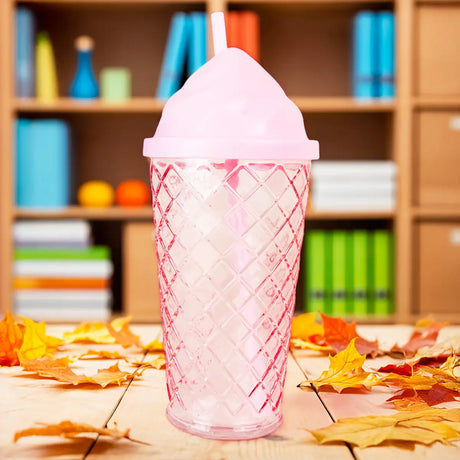 Vaso de Cristal con Tapa y Popote, Helado, Color Rosa