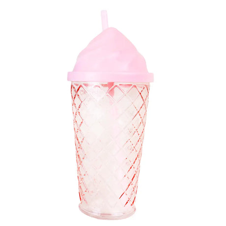 Vaso de Cristal con Tapa y Popote, Helado, Color Rosa