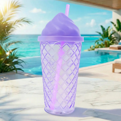 Vaso de Cristal con Tapa y Popote, Helado, Color Morado
