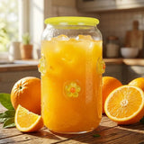 Vaso de Cristal con Tapa, Diseño Flores, Color Amarillo