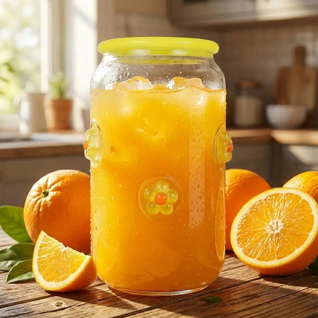 Vaso de Cristal con Tapa, Diseño Flores, Color Amarillo