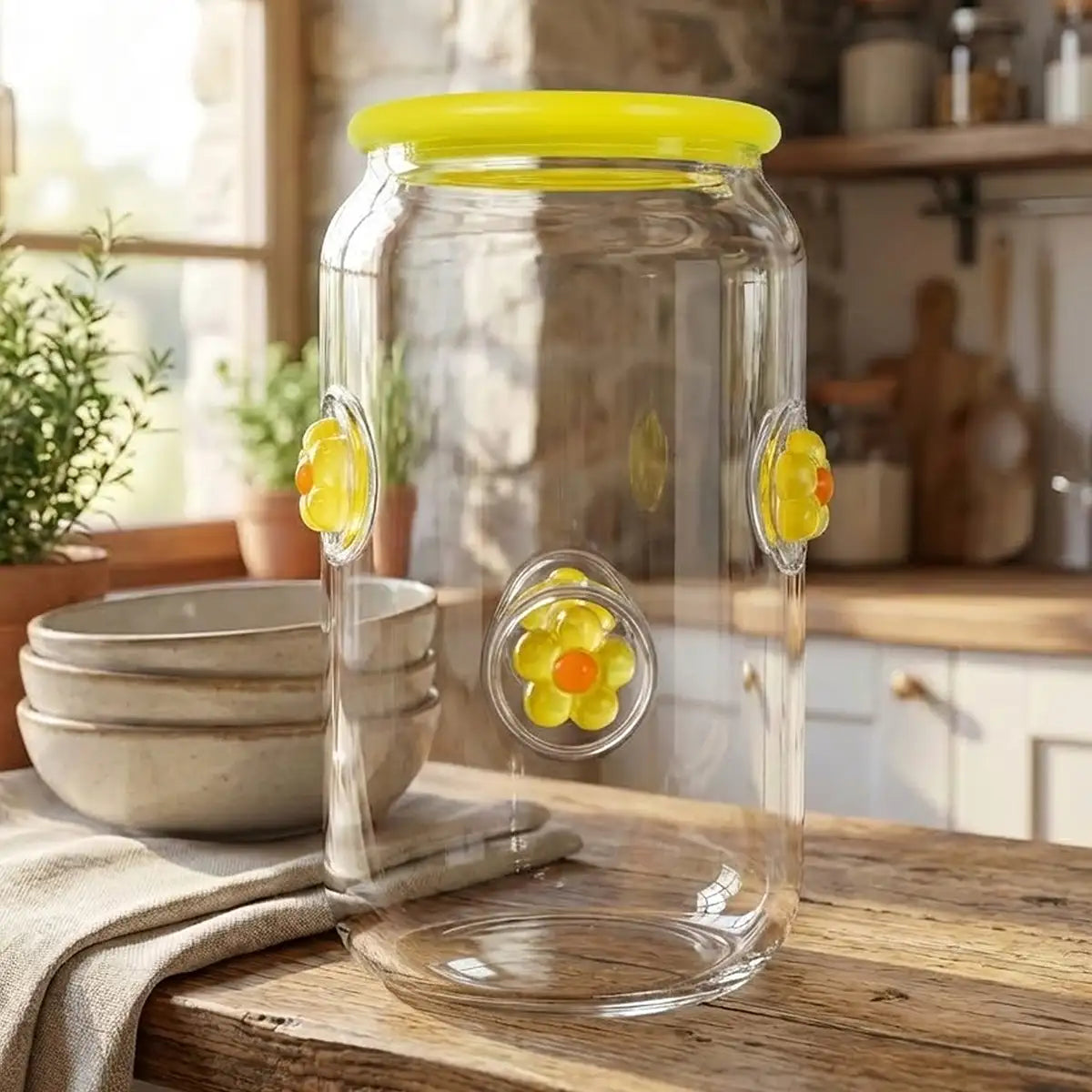 Vaso de Cristal con Tapa, Diseño Flores, Color Amarillo