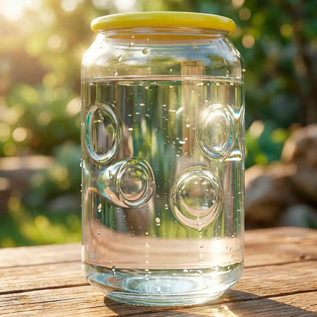 Vaso de Cristal con Tapa, Diseño Burbujas, Color Amarillo