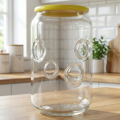 Vaso de Cristal con Tapa, Diseño Burbujas, Color Amarillo