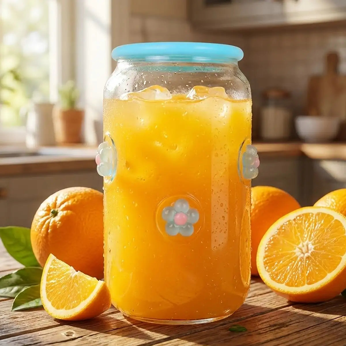 Vaso de Cristal con Tapa, Diseño Flores, Color Azul