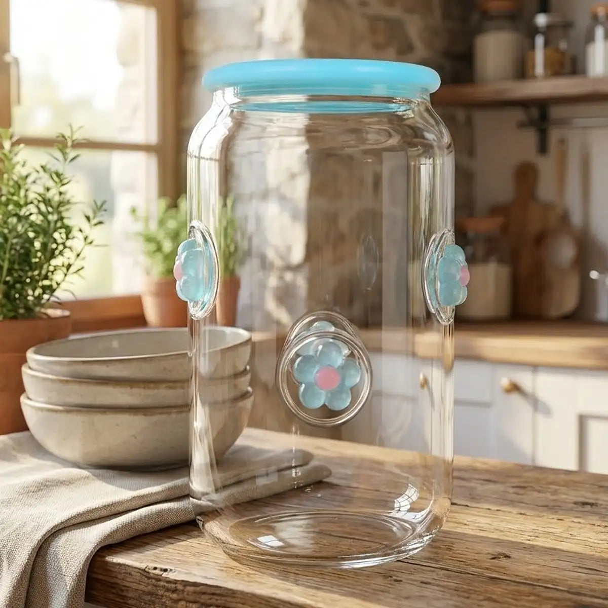 Vaso de Cristal con Tapa, Diseño Flores, Color Azul