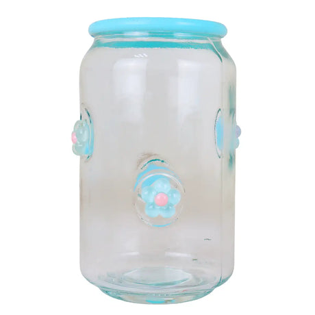 Vaso de Cristal con Tapa, Diseño Flores, Color Azul