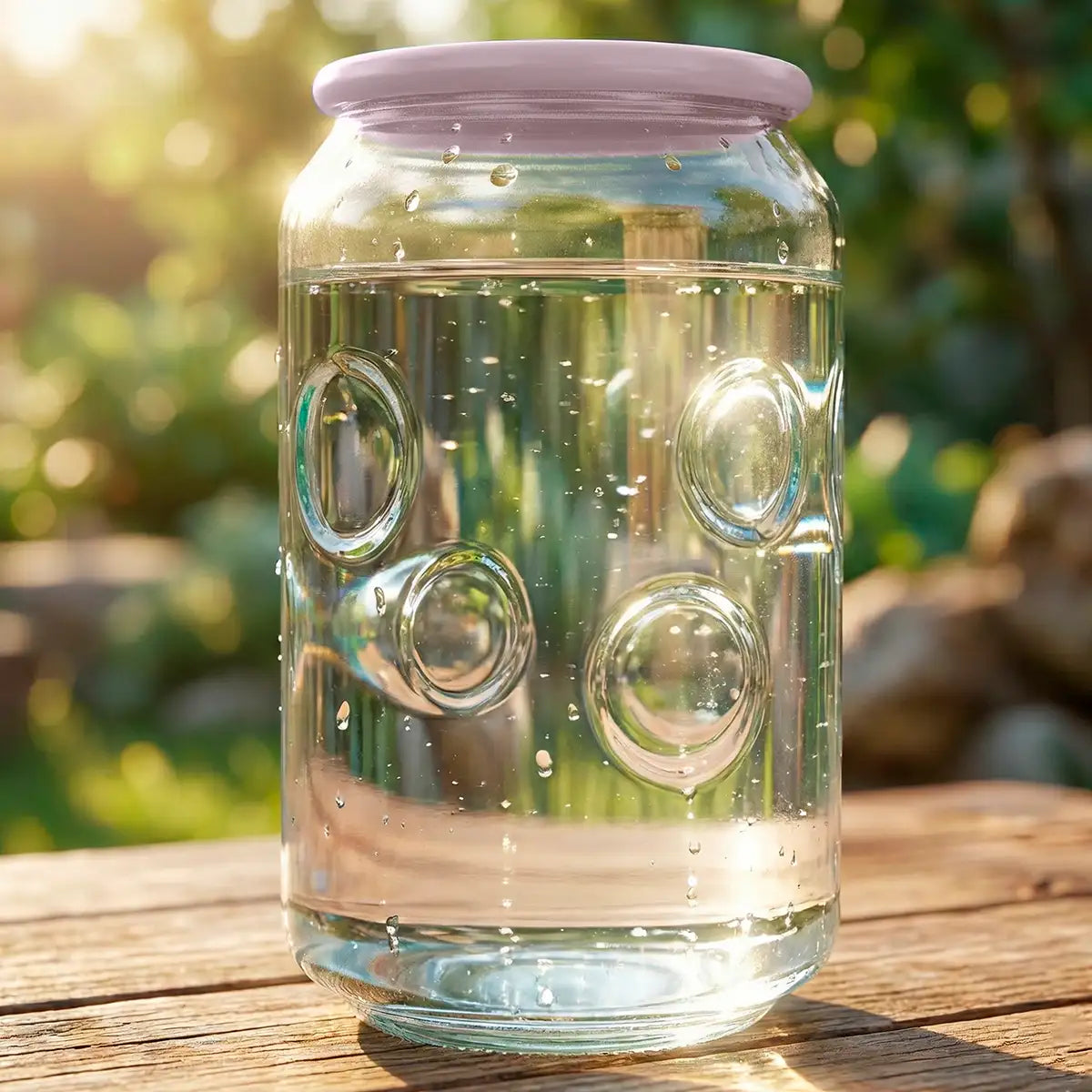 Vaso de Cristal con Tapa, Diseño Burbujas, Color Rosa
