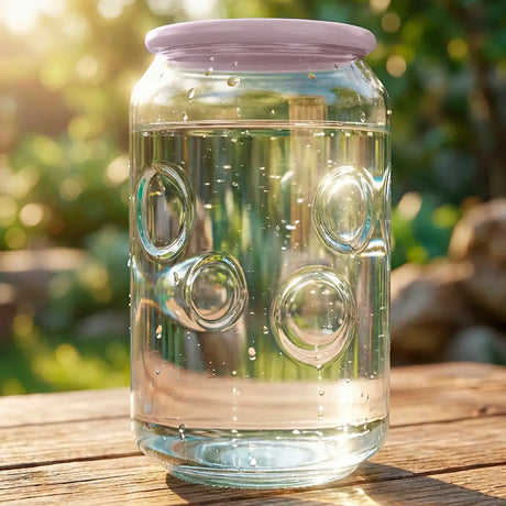 Vaso de Cristal con Tapa, Diseño Burbujas, Color Rosa