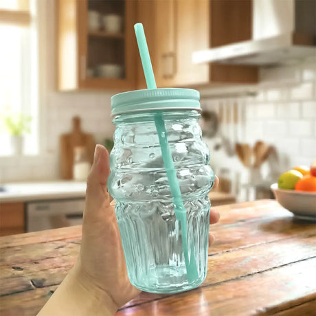 Vaso de Cristal con Tapa y Popote, Cono Helado, Color Azul