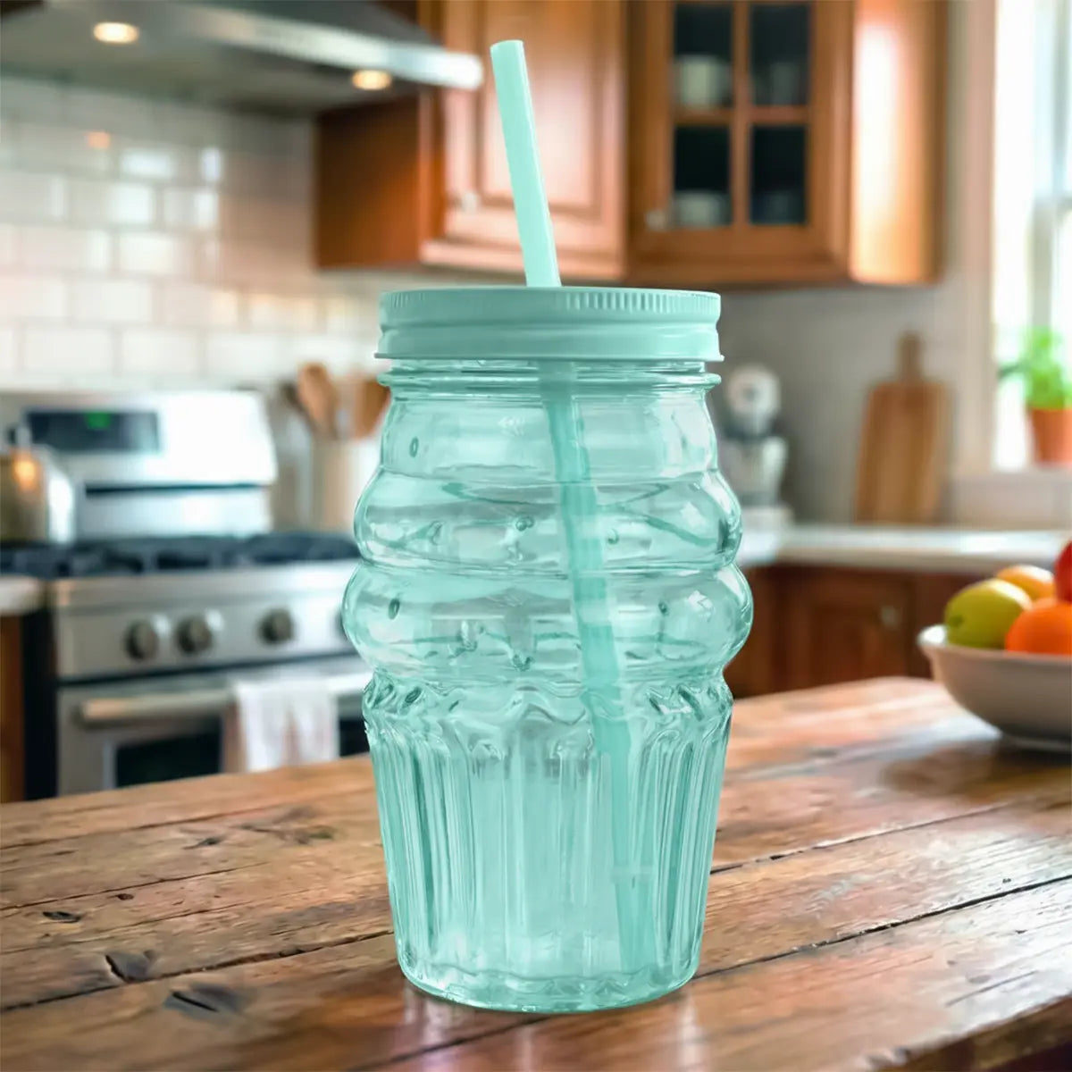 Vaso de Cristal con Tapa y Popote, Cono Helado, Color Azul
