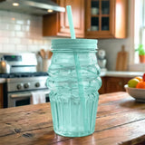 Vaso de Cristal con Tapa y Popote, Cono Helado, Color Azul