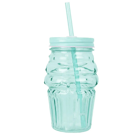 Vaso de Cristal con Tapa y Popote, Cono Helado, Color Azul