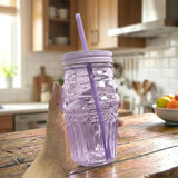 Vaso de Cristal con Tapa y Popote, Cono Helado, Color Morado