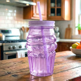 Vaso de Cristal con Tapa y Popote, Cono Helado, Color Morado