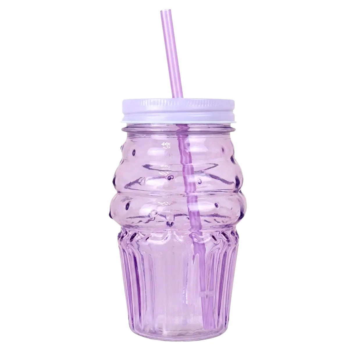 Vaso de Cristal con Tapa y Popote, Cono Helado, Color Morado