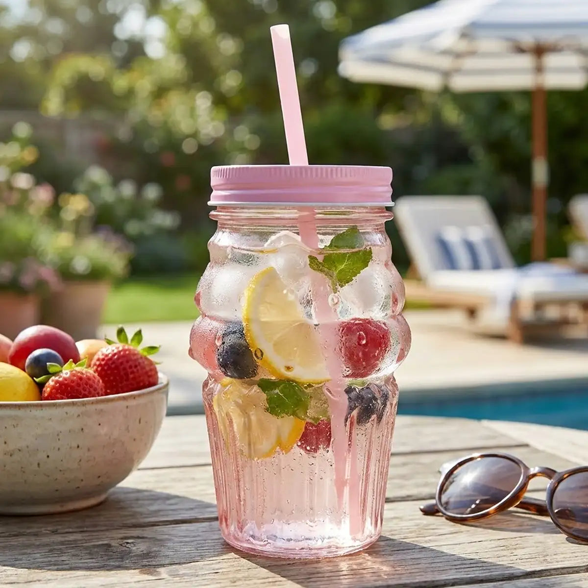 Vaso de Cristal con Tapa y Popote, Cono Helado, Color Rosa