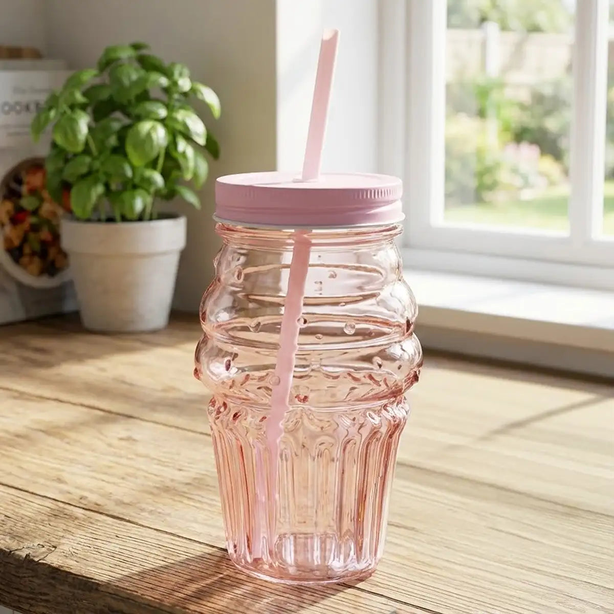 Vaso de Cristal con Tapa y Popote, Cono Helado, Color Rosa