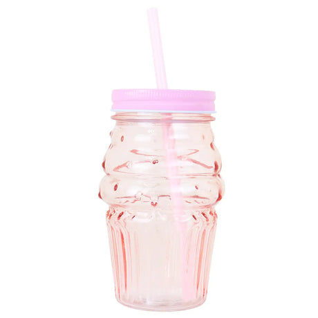 Vaso de Cristal con Tapa y Popote, Cono Helado, Color Rosa