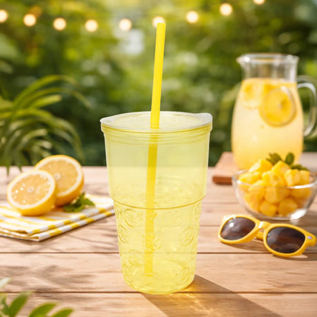 Vaso de Cristal con Tapa y Popote, Relieve Frutas, Color Amarillo