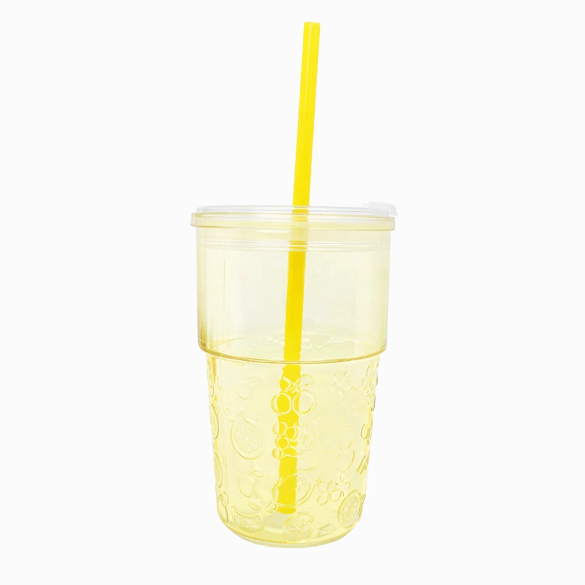 Vaso de Cristal con Tapa y Popote, Relieve Frutas, Color Amarillo