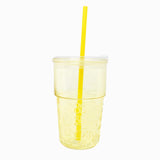 Vaso de Cristal con Tapa y Popote, Relieve Frutas, Color Amarillo