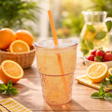 Vaso de Cristal con Tapa y Popote, Relieve Frutas, Color Naranja