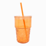 Vaso de Cristal con Tapa y Popote, Relieve Frutas, Color Naranja