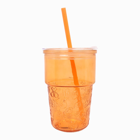Vaso de Cristal con Tapa y Popote, Relieve Frutas, Color Naranja