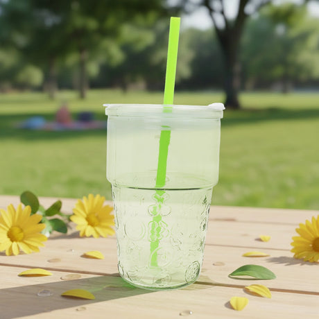 Vaso de Cristal con Tapa y Popote, Relieve Frutas, Color Verde