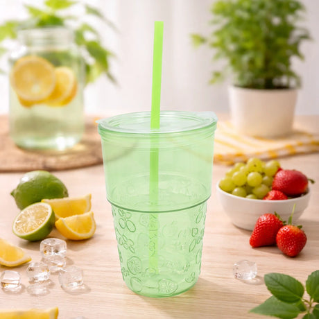 Vaso de Cristal con Tapa y Popote, Relieve Frutas, Color Verde