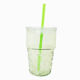 Vaso de Cristal con Tapa y Popote, Relieve Frutas, Color Verde