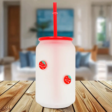 Vaso de Cristal con Tapa, Diseño Fresa, Color Rojo