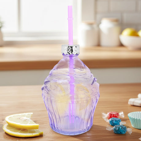 Vaso de Cristal con Tapa, Diseño Cupcake, Color Lila