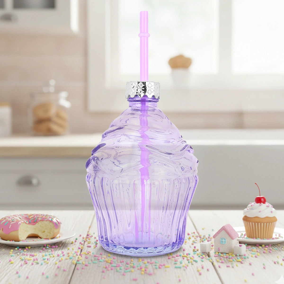 Vaso de Cristal con Tapa, Diseño Cupcake, Color Lila