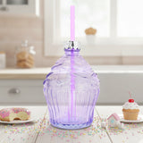 Vaso de Cristal con Tapa, Diseño Cupcake, Color Lila