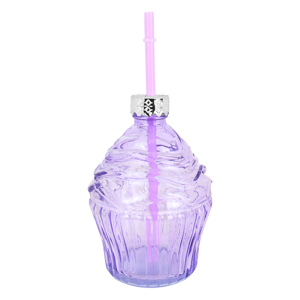 Vaso de Cristal con Tapa, Diseño Cupcake, Color Lila