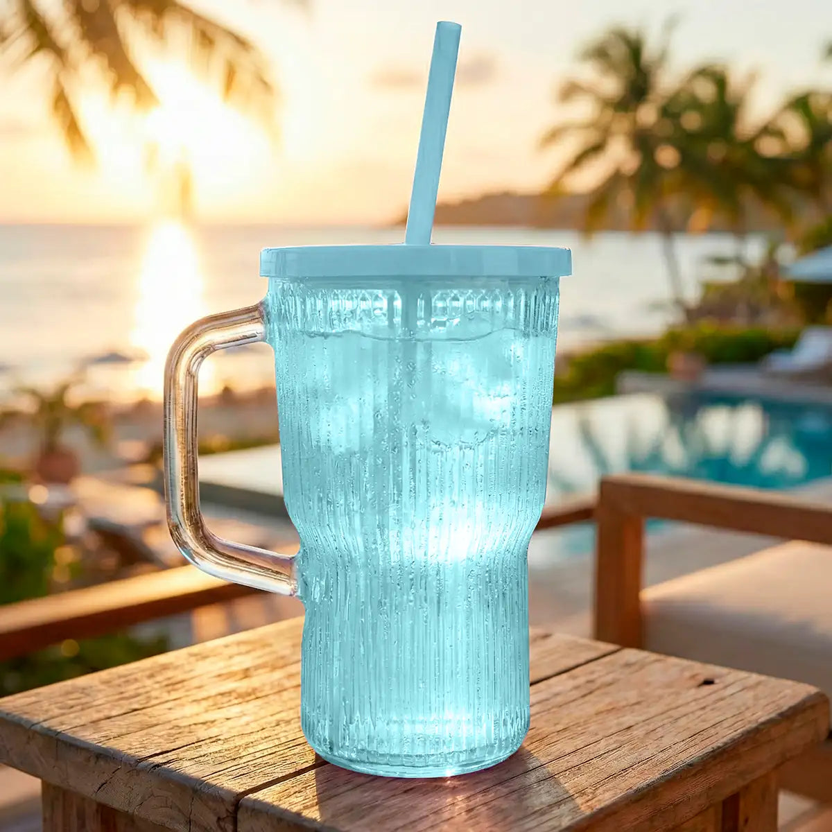 Vaso de Cristal con Tapa y Popote, Color Azul