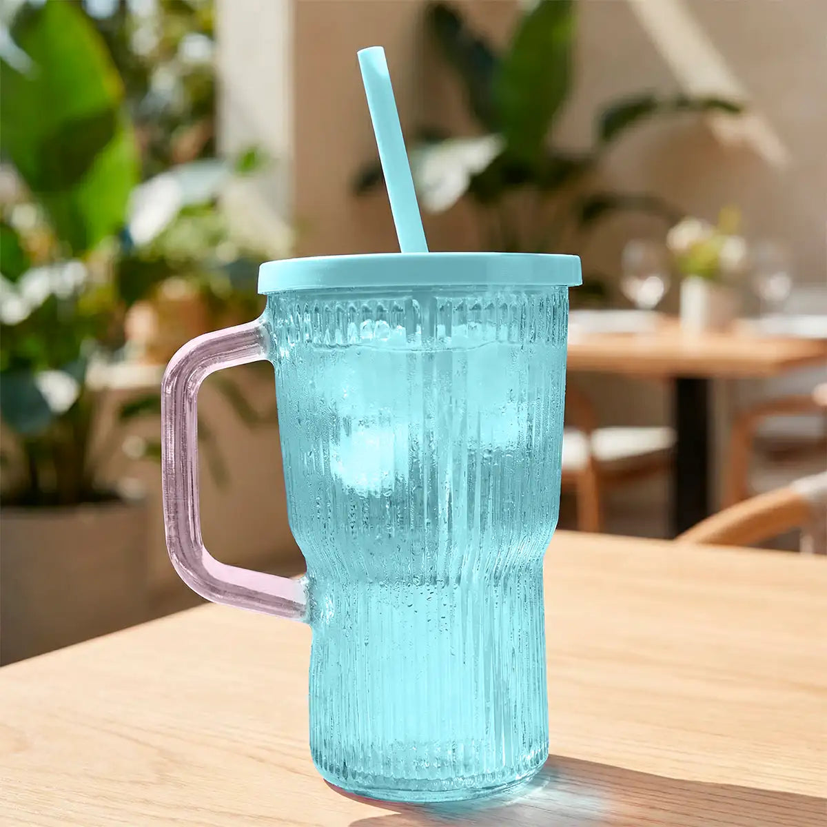 Vaso de Cristal con Tapa y Popote, Color Azul