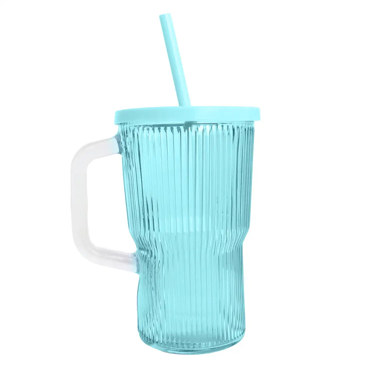 Vaso de Cristal con Tapa y Popote, Color Azul