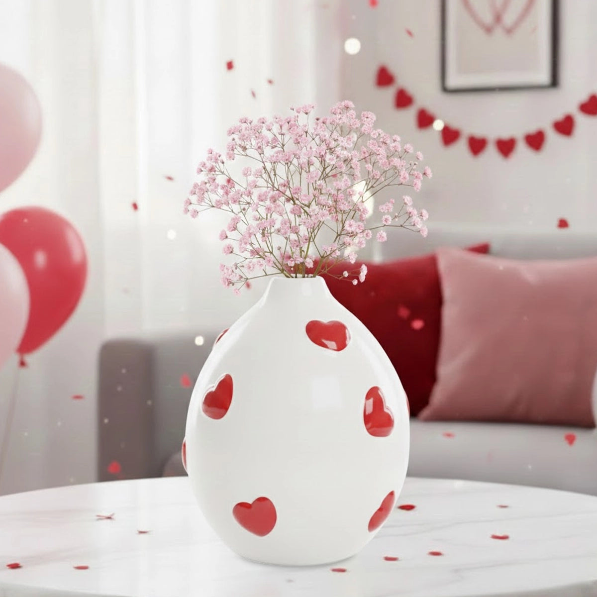 Florero de Cerámica con Corazones Rojos